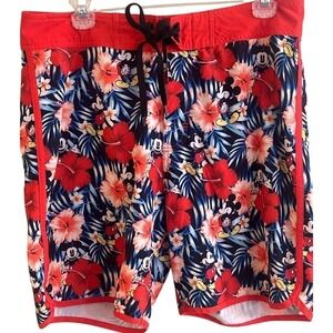 Disney Hawaiian Mickey Mouse Orange Floral Lightweight Tie Board Shorts 32 Men's
